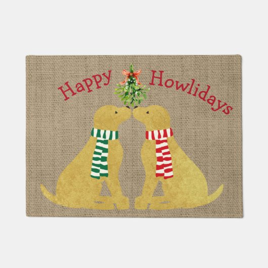 Custom Xmas Golden Retrievers Mistletoe Tan Burlap Fußmatte (Vorderseite)