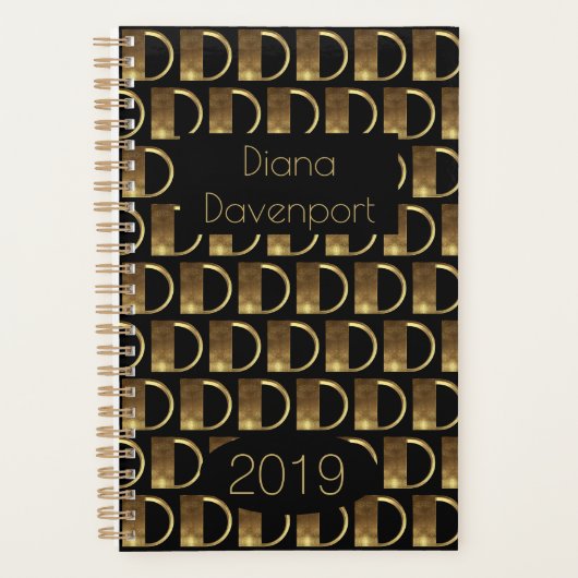 Custom Year 2019 Black Gold Monogram D Elegant Planer (Vorderseite)