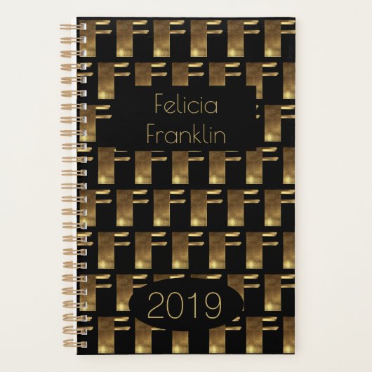 Custom Year 2019 Black Gold Monogram F Elegant Planer (Vorderseite)