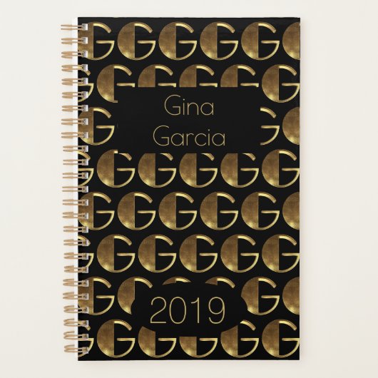 Custom Year 2019 Black Gold Monogram G Elegant Planer (Vorderseite)