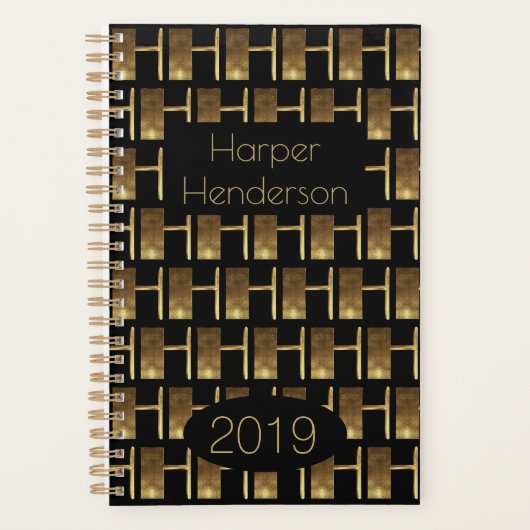 Custom Year 2019 Black Gold Monogram H Elegant Planer (Vorderseite)