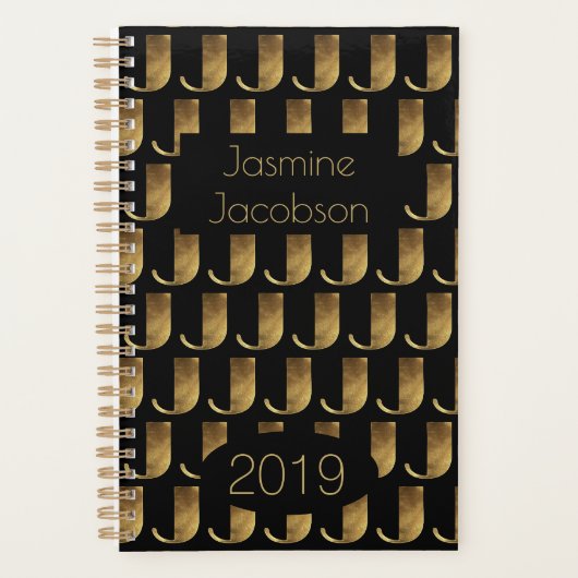 Custom Year 2019 Black Gold Monogram J Elegant Planer (Vorderseite)