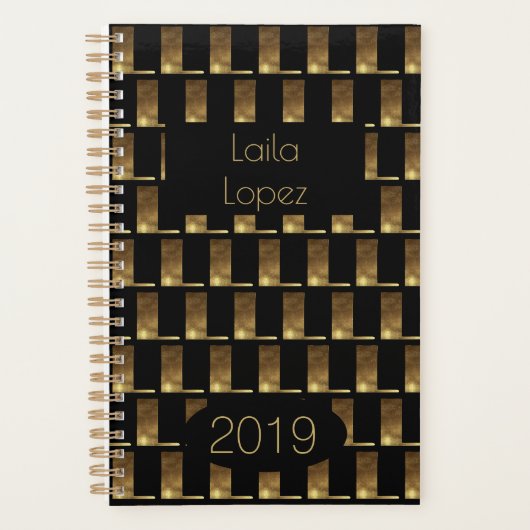 Custom Year 2019 Black Gold Monogram L Elegant Planer (Vorderseite)