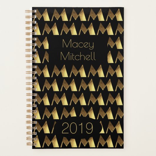 Custom Year 2019 Black Gold Monogram M Elegant Planer (Vorderseite)