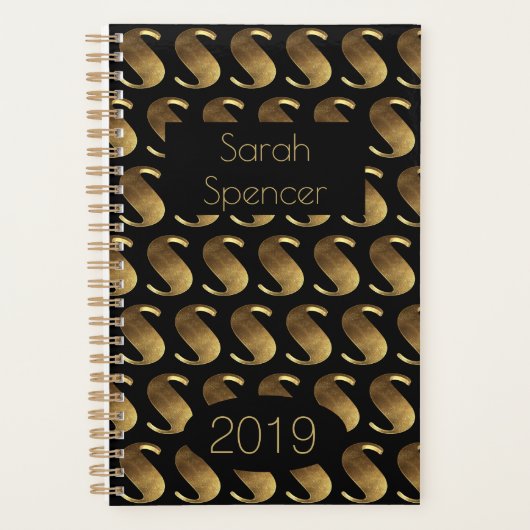 Custom Year 2019 Black Gold Monogram S Elegant Planer (Vorderseite)