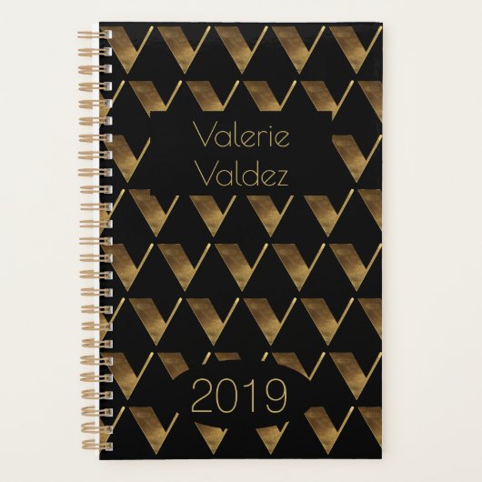 Custom Year 2019 Black Gold Monogram V Elegant Planer (Vorderseite)