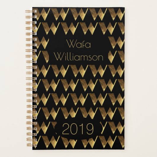 Custom Year 2019 Black Gold Monogram W Elegant Planer (Vorderseite)