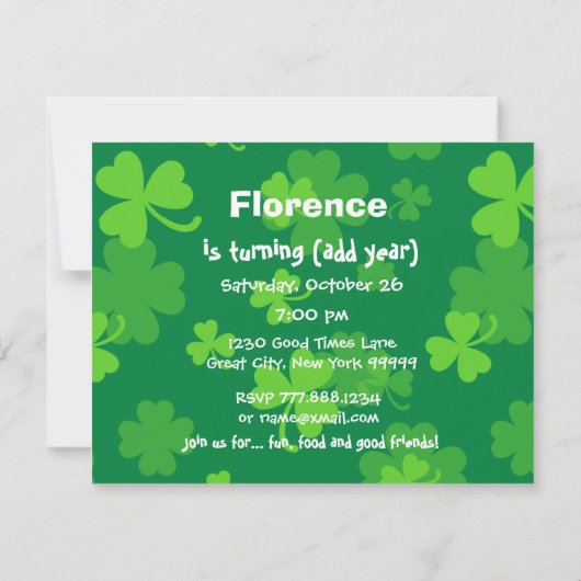 Custom Year Kleeblatts Birthday Party V07 Einladung (Rückseite)