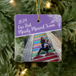 Custom Year Unser erstes Verheiratetes Xmas Foto Keramikornament
