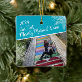 Custom Year Unser erstes Verheiratetes Xmas Foto Keramikornament