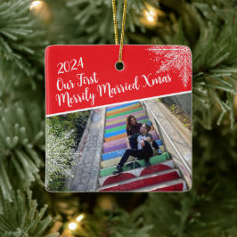 Custom Year Unser erstes Verheiratetes Xmas Foto Keramikornament