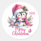 Custom Year White Pink Fun Pinguin Frohe Weihnacht Runder Aufkleber (Vorderseite)