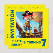 Custom Yellow Pirate 7th Birthday Boy Caricature Einladung (Vorne/Hinten)