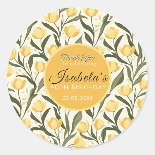 Custom Yellow Tulip Themed Birthday Event Runder Aufkleber (Vorderseite)