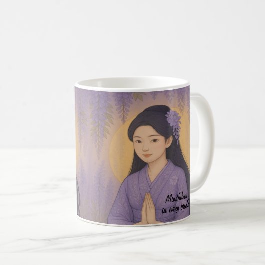Custom Zen Meditation Kunst ACHTUNG Yoga Lila Kaffeetasse (VorderseiteRechts)