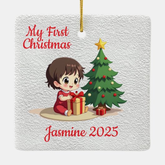 Customisable Baby's First Christmas Square Keramikornament (Rückseite)