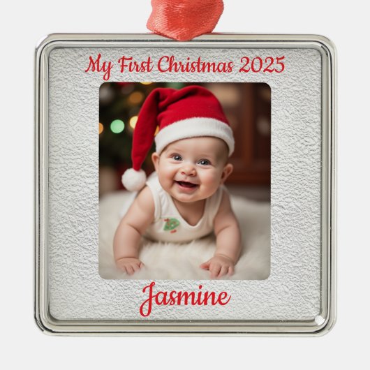 Customisable Baby's First Christmas Square Ornament Aus Metall (Vorne)