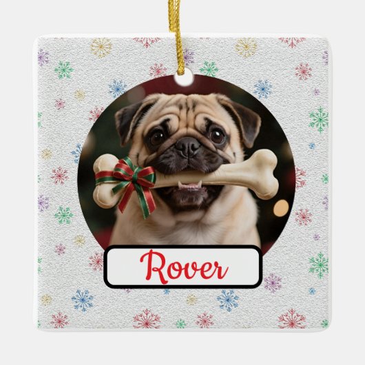 Customisable Dog And Bone Pet Square Christmas Keramikornament (Vorderseite)
