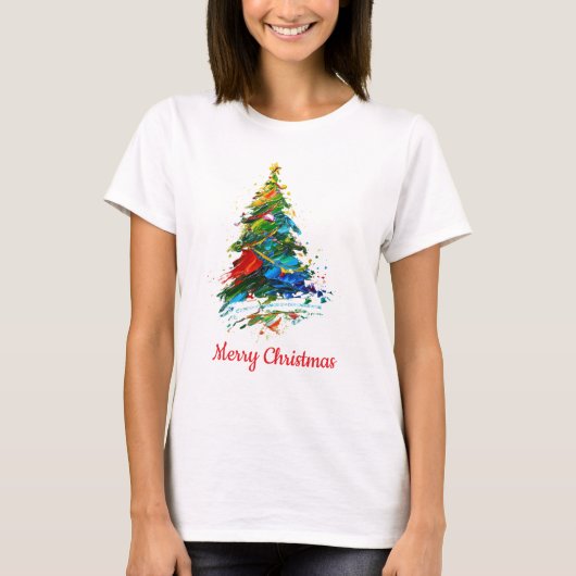 Customisable Text Christmas Tree Oil Painting T-Shirt (Vorderseite)