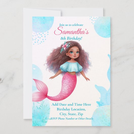 Customizable African American Mermaid Party Einladung (Vorderseite)