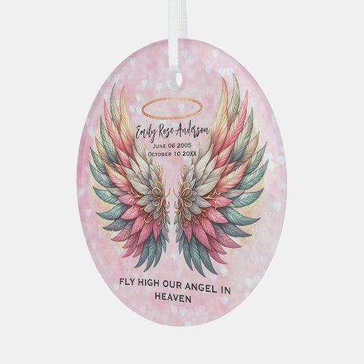 Customizable Angel Wings Memorial Ornament Aus Glas (Vorderseite links)