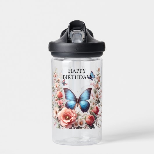 Customizable Blue Butterfly Floral Art-96279 Trinkflasche (Vorne)