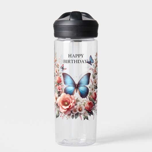 Customizable Blue Butterfly Floral Art-96279 Trinkflasche (Vorderseite)