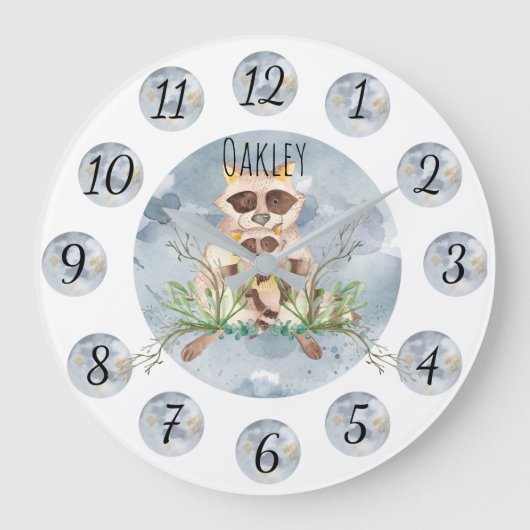 Customizable Blue Raccoon Nursery Clock Large Große Wanduhr (Vorderseite)