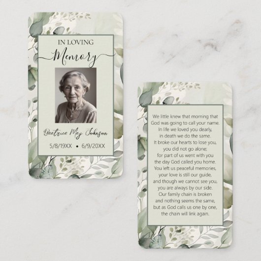 Customizable Botanical Memorial Prayer Card  Mitteilungskarte (Vorne/Hinten)