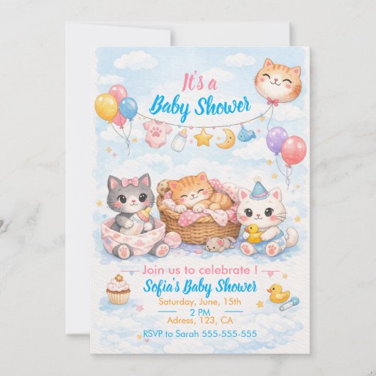 Customizable Cat-themed Baby Shower Invitation Einladung (Vorderseite)