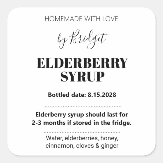 Customizable Elderberry Syrup Label ZEB_01 Quadratischer Aufkleber (Vorderseite)
