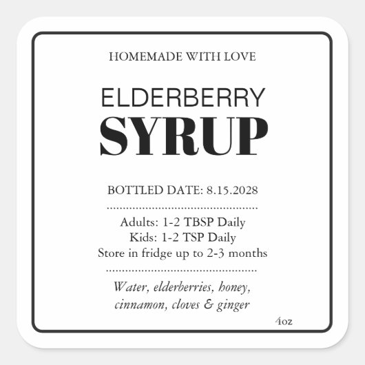 Customizable Elderberry Syrup Label ZEB_04b Quadratischer Aufkleber (Vorderseite)