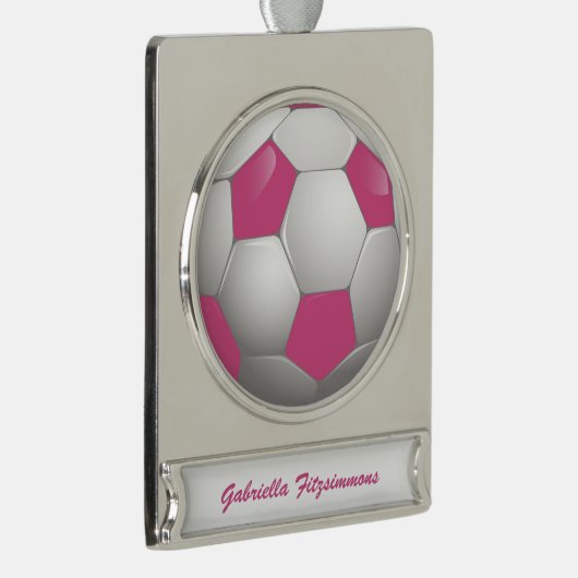 Customizable Football Soccer Ball Pink and White Banner-Ornament Silber (Rechts)