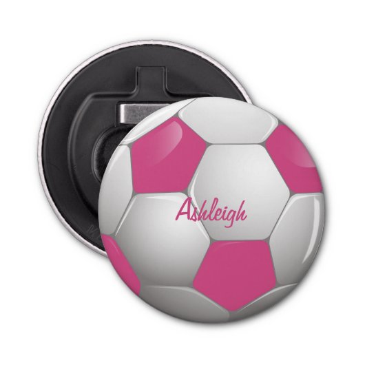 Customizable Football Soccer Ball Pink and White Flaschenöffner (Vorderseite)