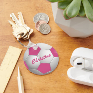 Customizable Football Soccer Ball Pink and White Schlüsselanhänger