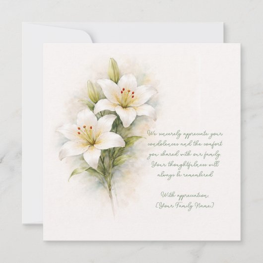 Customizable Funeral White Lily Thank You Card Dankeskarte (Vorderseite)