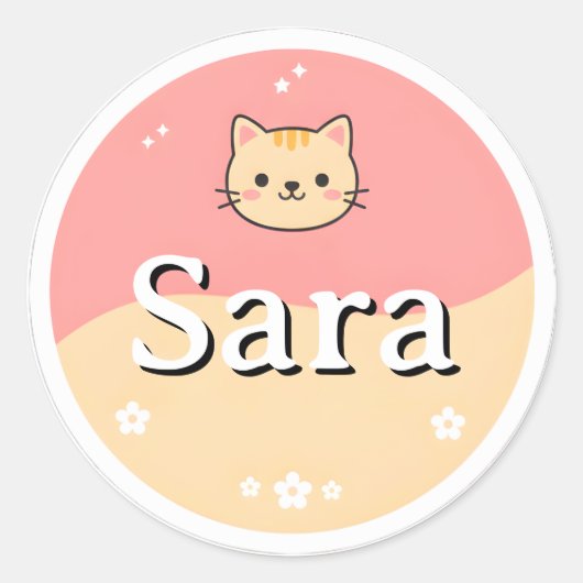 Customizable Kids Name Sticker – Cute Cat Design (Vorderseite)