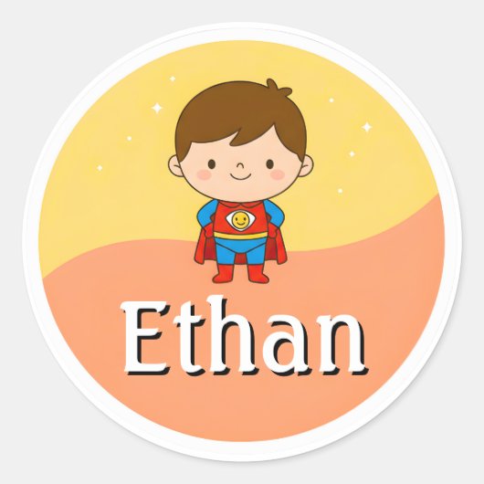 Customizable Kids Name Sticker – Smiley Superhero (Vorderseite)