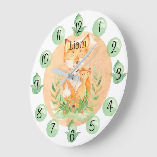 Customizable Leaf Baby Fox Nursery Clock Large Große Wanduhr (Winkel)