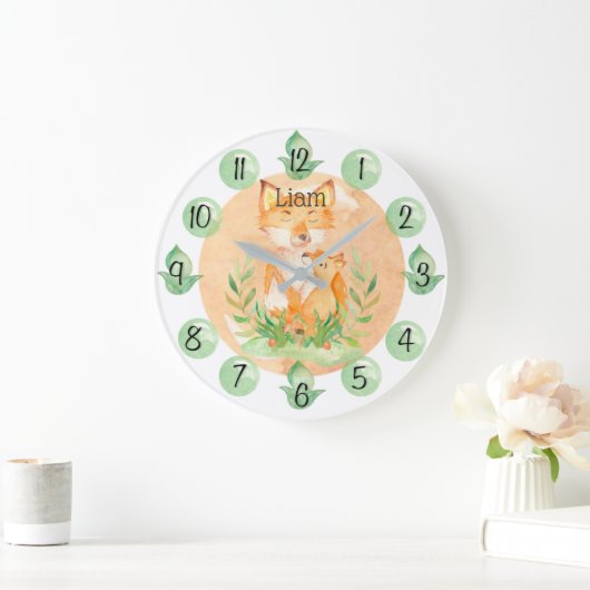 Customizable Leaf Baby Fox Nursery Clock Large Große Wanduhr (Zuhause)