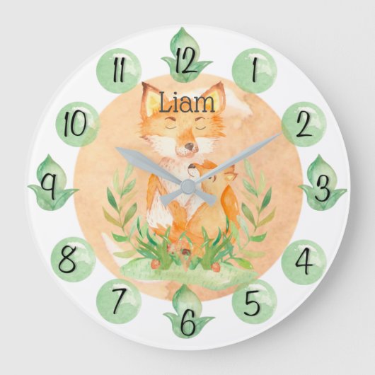 Customizable Leaf Baby Fox Nursery Clock Large Große Wanduhr (Vorderseite)