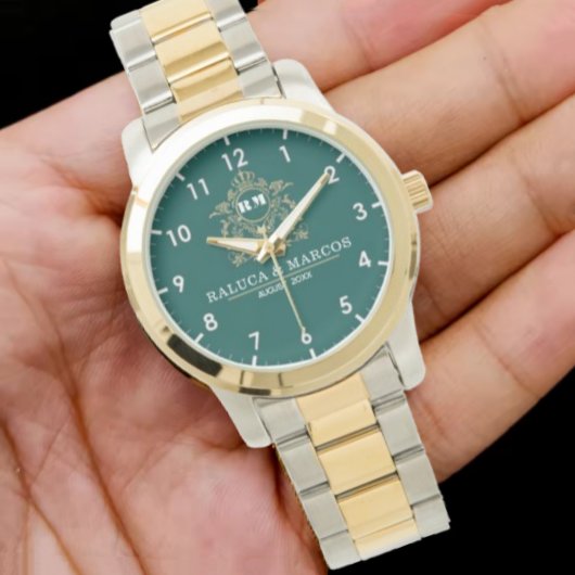 Customizable monogram green newlyweds or couples armbanduhr