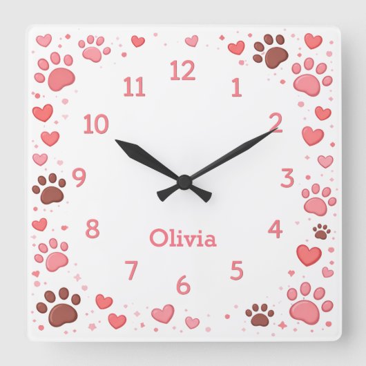 Customizable Name Pet Paw Print Wall Clock Quadratische Wanduhr (Vorderseite)