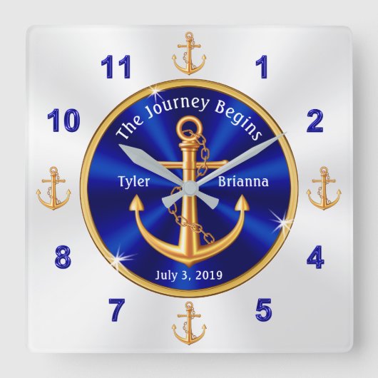 Customizable Nautical Wedding Gifts Anchor Quadratische Wanduhr (Vorderseite)
