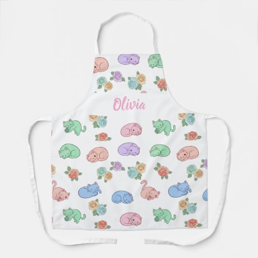 Customizable Pastel Cat and Rose Pattern Apron Schürze (Vorderseite)