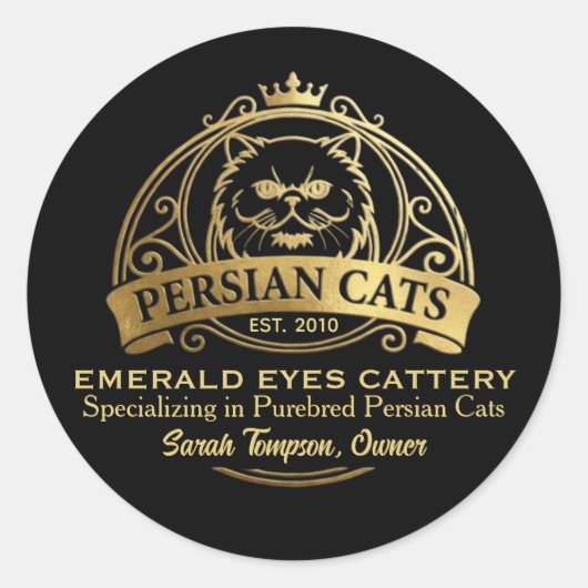 Customizable Persian Cattery Elegant Gold Design Runder Aufkleber (Vorderseite)