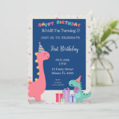 Customizable pink and blue dinosaur party invitati einladung (Stehend Vorderseite)