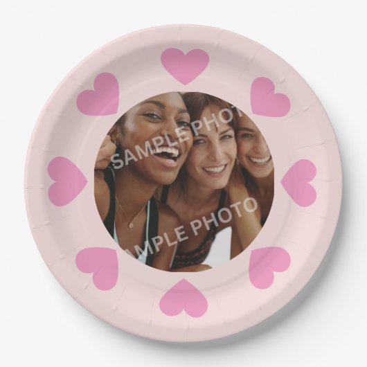 Customizable Pink Heart Photo Paper Plates Pappteller (Vorderseite)