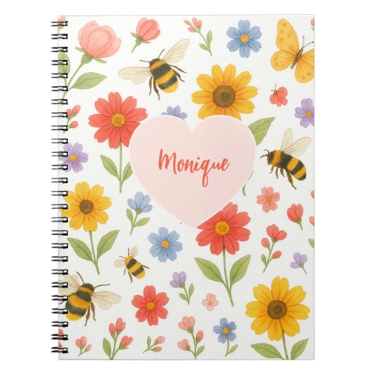 Customizable Pink Orange Floral and Bee Pattern  Notizblock (Vorderseite)
