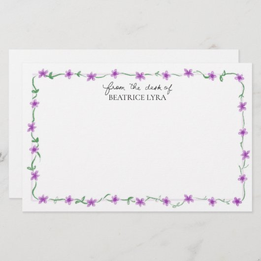 Customizable Purple Floral Briefpapier (Vorne/Hinten)